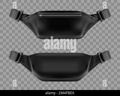 Borsa in vita, custodia per cintura mockup. Moderna confezione nera con tasca con cerniera e vista frontale e posteriore isolata su sfondo trasparente. Accessorio maschile moda e sport, icona vettoriale 3D realistica, mock up Illustrazione Vettoriale