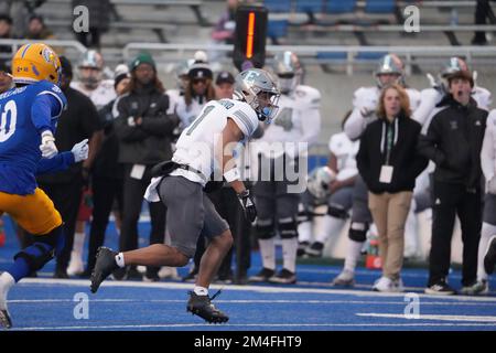 NCAA Football 20 2022 Potato Bowl: Eastern Michigan Wide Receiver Dylan Drummond (1) in azione durante la partita con Eastern Michigan e San Jose state tenuto all'Albertsons Stadium di Boise Id. David Seelig/Cal Sport medi Foto Stock