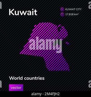 Mappa piatta vettoriale del Kuwait con righe viola, viola, rosa su sfondo nero. Banner educativo, poster sul Kuwait Illustrazione Vettoriale