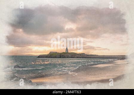 Il faro dell'isola di Llanddwyn. TWR Bach Digital Watercolor painting a Ynys Llanddwyn ad Anglesey, Galles, Regno Unito. Foto Stock