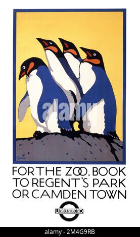 Poster della metropolitana di Londra con pinguini - per lo zoo, prenota al Regent's Park o Camden Town - Underground - C. Paine 1921 Foto Stock