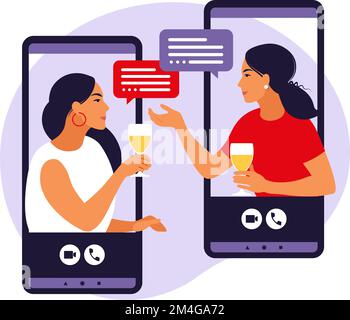 Concetto di amicizia virtuale. Donne in festa virtuale. Festa del vino sull'isolamento in pandemia di coronavirus. Vettore. Illustrazione Vettoriale