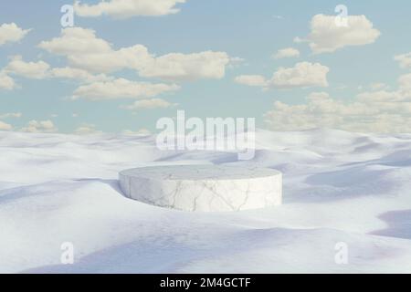3D piattaforma di illustrazione e sfondo naturale podio su ghiaccio neve e neve coperta pavimento .Blank vetrina, modello mockup o presentazione cosmetica wi Foto Stock