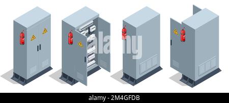 Quadro elettrico isometrico. Trasformatore. Quadro di distribuzione. Quadro degli interruttori di alimentazione elettrica. Apparecchiature elettriche. Scatola interruttore elettrico Illustrazione Vettoriale