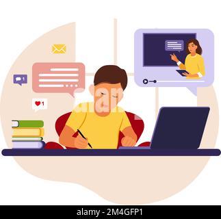 Ragazzo seduto dietro la sua scrivania che studia online utilizzando il suo computer. Illustrazione con tavolo da lavoro, computer portatile, libri. Vettore piatto. Illustrazione Vettoriale