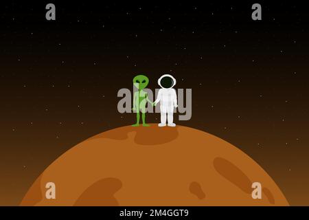 Incontro di astronauta e Martiano su Marte. Illustrazione vettoriale. Illustrazione Vettoriale