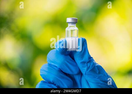 la mano del medico indossa un guanto medico che tiene la siringa e il flacone del flaconcino, il concetto di vaccinazione di trattamento di flu della medicina. Foto Stock