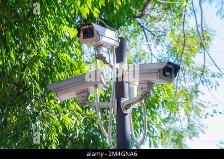 Gruppo di telecamere di sicurezza con vista ad angolo basso o CCTV con luce solare su palo in acciaio nel parcheggio pubblico all'aperto con albero verde sfocato ba Foto Stock