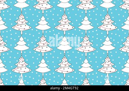 Modello di Natale senza cuciture con albero di Natale e fiocchi di neve. Elementi bianchi di Natale su sfondo azzurro Foto Stock