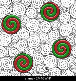 Modello natalizio senza cuciture con volute e caramelle. Sfondo colorato vettoriale. Illustrazione Vettoriale