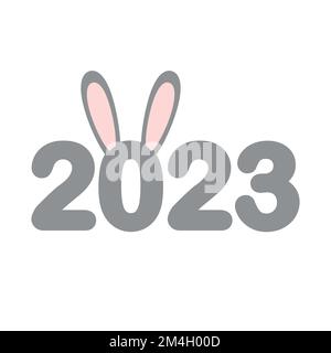 Scritta Vector flat 2023 con orecchie conigliate di coniglio isolate su sfondo bianco Illustrazione Vettoriale
