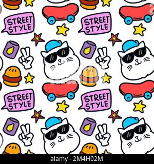 Doodle divertente gatto. skateboard e vari oggetti che raffigura pattern senza giunture. Può essere utilizzato per abbigliamento bambini, tessuti, involucri, tessuti, tappezzeria Illustrazione Vettoriale