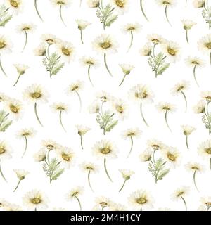 Acquerello senza cuciture con fiori margherite e rami di foglie. Carta ripetuta per tessuti, sfondo floreale per progetti di stampa e web. Foto Stock