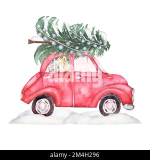 Acquerello dipinto a mano rosso Natale auto con un albero di Natale nel tetto rack. Neve, regali clipart. Foto Stock