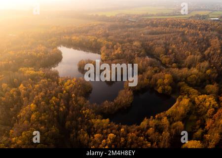 Una vista aerea sopra il Walton Colliery Nature Park un lago isolato circondato da alberi d'autunno sul sito di una miniera di carbone in disuso vicino a Wakefield Foto Stock