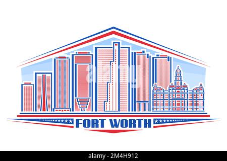 Illustrazione vettoriale di Fort Worth, distintivo orizzontale con design lineare famoso jacksonville City scape su sfondo cielo giorno, linea urbana rossa art concep Illustrazione Vettoriale