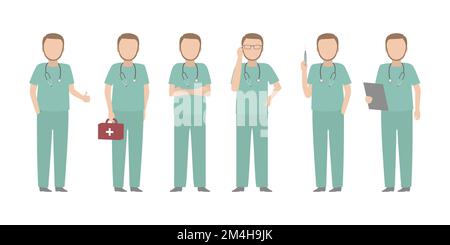 Medico con stetoscopio in piedi in diverse posizioni. Vettore. Illustrazione Vettoriale
