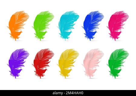 Vector 3D realisticamente multicolore soffice Feather Set isolato su sfondo bianco. Modello di disegno di Flamingo, Angelo, uccello piume dettagliate Illustrazione Vettoriale