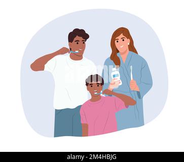 Giornata mondiale della salute orale. La famiglia afro-americana si prende cura della salute dei denti e delle gengive. Illustrazione piatta vettoriale Illustrazione Vettoriale
