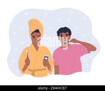 I bambini afroamericani si prendono cura dei loro denti e della cavità orale. Giornata mondiale della salute orale. Illustrazione piatta vettoriale Illustrazione Vettoriale
