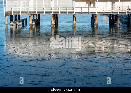 Gefrorenes Wasser an der Kieler Förde bei der Seebadeanstalt Düsterbrook Foto Stock