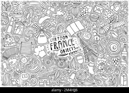 Cartoon vettore doodle insieme di simboli, oggetti e oggetti tradizionali della Francia Illustrazione Vettoriale