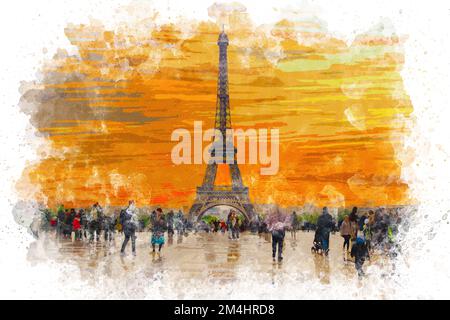 Pittura acquerello del paesaggio urbano di Parigi. Vista della Torre Eiffel al tramonto, pittura ad acquerello. Viaggio a Parigi Francia Foto Stock