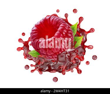 Il succo di lampone fresco dolce o lo spruzzo di marmellata swirl con lampone. Gustoso succo di frutti di bosco rosso spruzzando, succo di lamponi isolato.Liquid bevanda sana, 3D Foto Stock