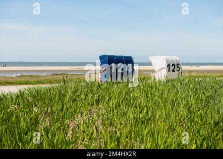 Sedie a sdraio sulla spiaggia sabbiosa, Hooksiel, Wangerland, Frisia orientale, bassa Sassonia, Germania Foto Stock