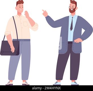Uomo d'affari che parla con il giovane. Persone che parlano. Conversazione di lavoro isolata su sfondo bianco Illustrazione Vettoriale