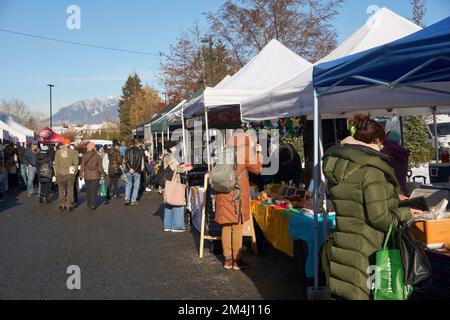 La gente che acquista al Riley Park Farmers Market in inverno, Vancouver, BC, Canada Foto Stock