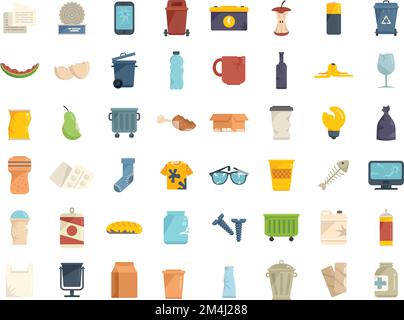 Le icone di scarto impostano il vettore piatto. Cibo di immondizia. Plastica fresca isolata Illustrazione Vettoriale