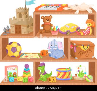 Giocattoli per bambini su scaffali di legno. Negozio di giochi per bambini isolato su sfondo bianco Illustrazione Vettoriale