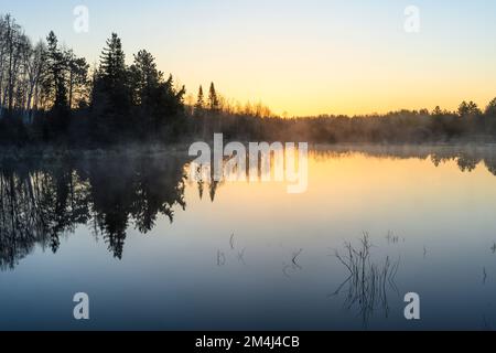 Nebbie mattutine all'alba su uno stagno dei castori all'inizio della primavera, Greater Sudbury, Ontario, Canada Foto Stock