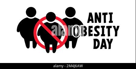 Cartoon mondo obesità giorno o celebrazione. Persone obese in salute con BMI, sovrappeso, problemi di obesità. Grassi, calorie uomo o donna. Indice di massa corporea Foto Stock