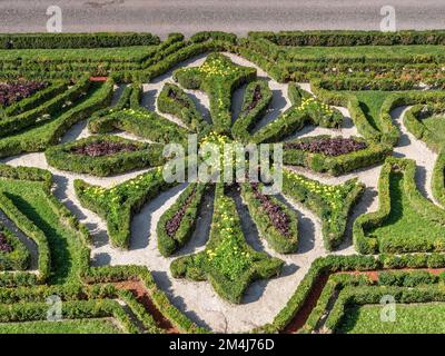 Giardini, aiuole geometriche nel fossato di Angers Castle, Chateau Dangers, Angers, Maine et Loire, Francia Foto Stock