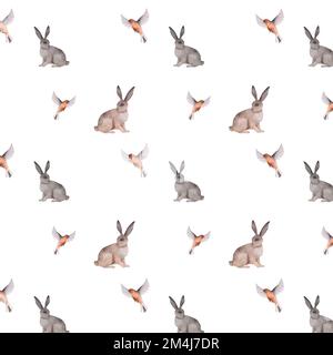 Acquerello senza cuciture con lepri e uccelli cartoni animati su sfondo bianco Foto Stock