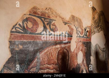 Dettaglio affreschi. L''Eremo di San Baudelio de Berlanga è una chiesa dei primi del 11th° secolo. E' un esempio importante di architettura mozarabica per la sua p Foto Stock