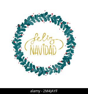 Corona di Natale di rami verdi e bacche rosse. Buon Natale in spagnolo. Feliz Navidad. Illustrazione vettoriale, design piatto Illustrazione Vettoriale