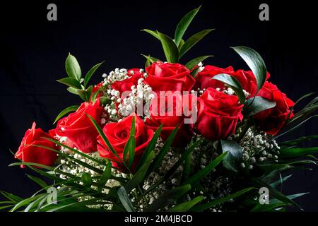 Primo piano. Bouquet di rose rosse fiori isolato su sfondo nero. Foto Stock