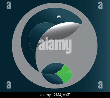 Un'illustrazione semplice e moderna di una balena con coda a foglia su sfondo blu Illustrazione Vettoriale