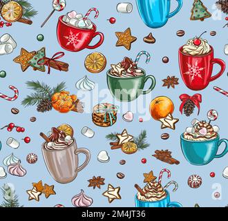 Motivi di vacanza senza cuciture di spezie per tè e caffè: Cannella, limone, anice stellato, composizione natalizia con biscotti. Composizione disegnata a mano con c Illustrazione Vettoriale