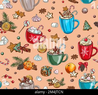 Motivi di vacanza senza cuciture di spezie per tè e caffè: Cannella, limone, anice stellato, composizione natalizia con biscotti. Composizione disegnata a mano con c Illustrazione Vettoriale