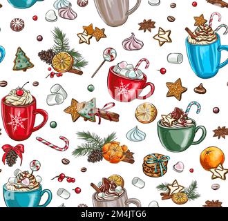 Motivi di vacanza senza cuciture di spezie per tè e caffè: Cannella, limone, anice stellato, composizione natalizia con biscotti. Composizione disegnata a mano con c Illustrazione Vettoriale