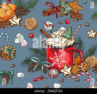 Motivi di vacanza senza cuciture di spezie per tè e caffè: Cannella, limone, anice stellato, composizione natalizia con biscotti. Composizione disegnata a mano con c Illustrazione Vettoriale