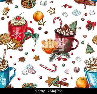 Motivi di vacanza senza cuciture di spezie per tè e caffè, iscrizione con pan di zenzero 2023 anno, composizione natalizia con biscotti. Composizione disegnata a mano Illustrazione Vettoriale