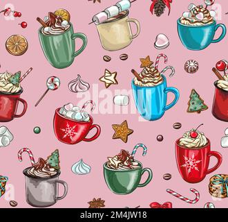 Motivi di vacanza senza cuciture di spezie per tè e caffè: Cannella, limone, anice stellato, composizione natalizia con biscotti. Composizione disegnata a mano con c Illustrazione Vettoriale
