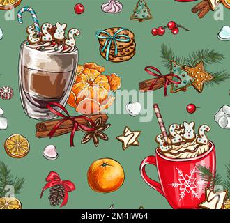 Motivi di vacanza senza cuciture di spezie per tè e caffè: Cannella, limone, anice stellato, composizione natalizia con biscotti. Composizione disegnata a mano con c Illustrazione Vettoriale