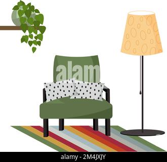Un angolo accogliente degli interni - una poltrona verde con cuscini e una lampada da terra. Scaffale con un vaso di fiori. Vettore. Illustrazione Vettoriale