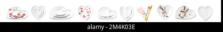 Set di belle piastre a forma di cuore su sfondo bianco Foto Stock